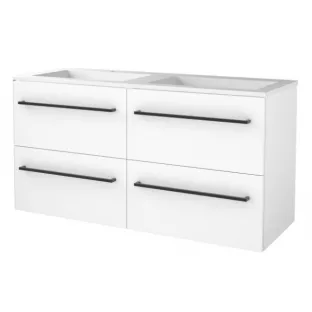 Basic line 46 bathroom furniture with black handles - 120 cm 4 drawers - Glossy white - acrylic washbasin 2 tap holes - without mirror