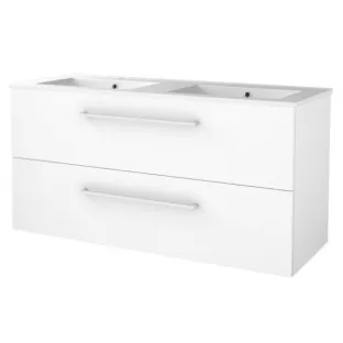 Basic line 46 bathroom furniture with chrome handles - 120 cm 2 drawers - Glossy white - porcelain washbasin 1 tap hole - without mirror