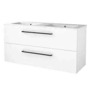 Basic line 46 bathroom furniture with black handles - 120 cm 2 drawers - Glossy white - porcelain washbasin 1 tap hole - without mirror