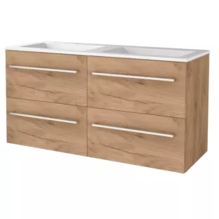 Basic line 46 bathroom furniture with chrome handles - 120 cm 4 drawers - Warm oak - acrylic washbasin 2 tap holes - without mirror