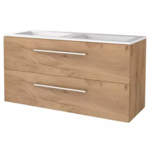 Basic line 46 bathroom furniture with chrome handles - 120 cm - Warm oak - acrylic washbasin 2 tap holes - without mirror