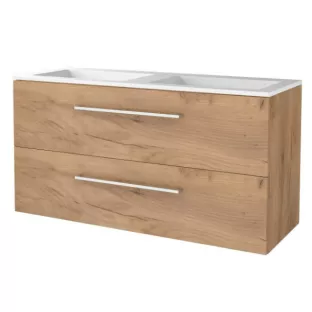 Basic line 46 bathroom furniture with chrome handles - 120 cm - Warm oak - acrylic washbasin without tap hole - without mirror