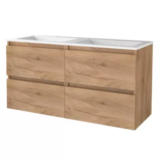 Basic line 46 bathroom furniture handleless - 120 cm 4 drawers - Warm oak - acrylic washbasin 2 tap holes - without mirror