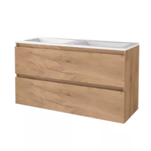 Basic line 46 bathroom furniture handleless - 120 cm - Warm oak - acrylic washbasin 2 tap holes - without mirror