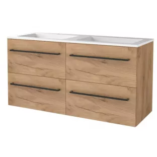 Basic line 46 bathroom furniture with black handles - 120 cm 4 drawers - Warm oak - acrylic washbasin 2 tap holes - without mirror