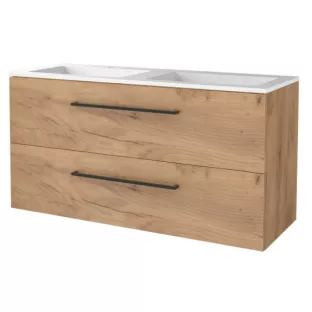 Basic line 46 bathroom furniture with black handles - 120 cm - Warm oak - acrylic washbasin 2 tap holes - without mirror