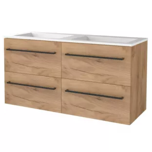 Basic line 46 bathroom furniture with black handles - 120 cm 4 drawers - Warm oak - acrylic washbasin without tap hole - without mirror