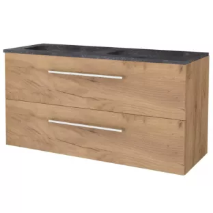 Basic line 46 bathroom furniture chrome handles - 120 cm 2 drawers - Warm oak - washbasin natural stone 1 tap hole - without mirror