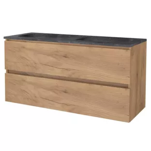 Basic line 46 bathroom furniture handleless - 120 cm 2 drawers - Warm oak - natural stone washbasin without tap hole - without mirror