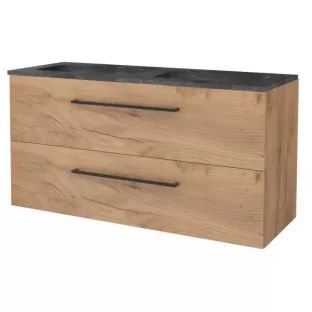 Basic line 46 bathroom furniture black handles - 120 cm 2 drawers - Warm oak - washbasin natural stone 1 tap hole - without mirror