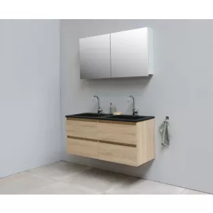 Sanilet bathroom furniture 120 cm wide - oak - flatpack - with mirror cabinet - black acrylic washbasin - 2 tap holes