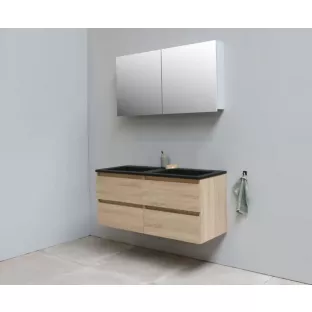 Sanilet bathroom furniture 120 cm wide - oak - flatpack - with mirror cabinet - washbasin black acrylic - 0 tap holes