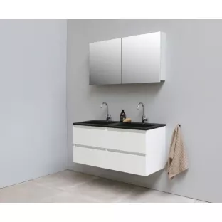 Sanilet bathroom furniture 120 cm wide - high-gloss white - flatpack - with mirror cabinet - black acrylic washbasin - 2 tap holes