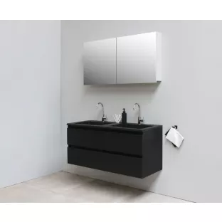 Sanilet bathroom furniture 120 cm wide - matt black - flatpack - with mirror cabinet - washbasin black acrylic - 2 tap holes