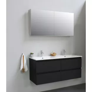 Sanilet bathroom furniture 120 cm wide - matt black - flatpack - with mirror cabinet - porcelain washbasin - 1 tap hole