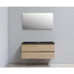 Sanilet badkamermeubel 120 cm breed - eiken - flatpack - met ledverlichting - wastafel zwart acryl - 0 kraangaten