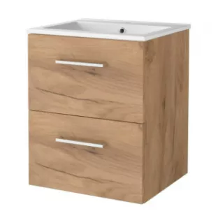 Basic line 46 bathroom furniture with chrome handles - 50 cm - Warm oak - porcelain washbasin 1 tap hole - without mirror