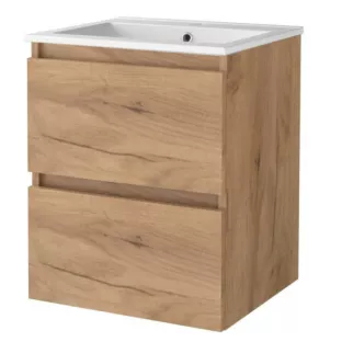 Basic line 46 bathroom furniture handleless - 50 cm - Warm oak - porcelain washbasin 1 tap hole - without mirror