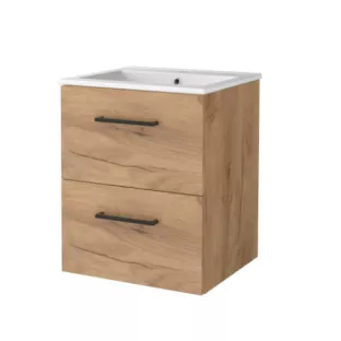 Basic line 46 bathroom furniture with black handles - 50 cm - Warm oak - porcelain washbasin 1 tap hole - without mirror