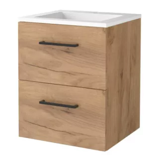 Basic line 46 bathroom furniture with black handles - 50 cm - Warm oak - acrylic washbasin 1 tap hole - without mirror