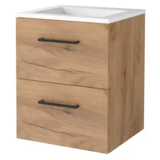 Basic line 46 bathroom furniture with black handles - 50 cm - Warm oak - acrylic washbasin without tap hole - without mirror