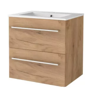 Basic line 46 bathroom furniture with chrome handles - 60 cm - Warm oak - porcelain washbasin 1 tap hole - without mirror