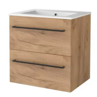 Basic line 46 bathroom furniture with black handles - 60 cm - Warm oak - porcelain washbasin 1 tap hole - without mirror