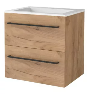 Basic line 46 bathroom furniture with black handles - 60 cm - Warm oak - acrylic washbasin 1 tap hole - without mirror