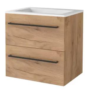 Basic line 46 bathroom furniture with black handles - 60 cm - Warm oak - acrylic washbasin without tap hole - without mirror