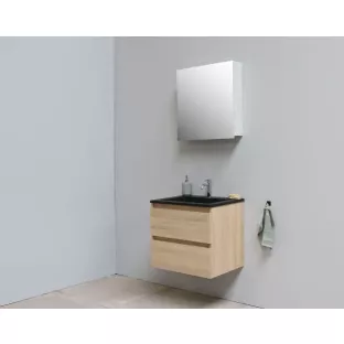 Sanilet bathroom furniture 60 cm wide - oak - flatpack - with mirror cabinet - black acrylic washbasin - 1 tap hole