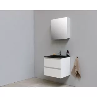 Sanilet bathroom furniture 60 cm wide - high-gloss white - flatpack - with mirror cabinet - black acrylic washbasin - 1 tap hole