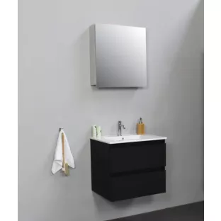 Sanilet bathroom furniture 60 cm wide - matt black - flatpack - with mirror cabinet - porcelain washbasin - 1 tap hole