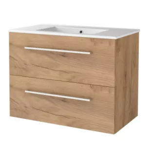 Basic line 46 bathroom furniture with chrome handles - 80 cm - Warm oak - porcelain washbasin 1 tap hole - without mirror