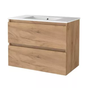 Basic line 46 bathroom furniture handleless - 80 cm - Warm oak - porcelain washbasin 1 tap hole - without mirror