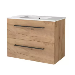 Basic line 46 bathroom furniture with black handles - 80 cm - Warm oak - porcelain washbasin 1 tap hole - without mirror