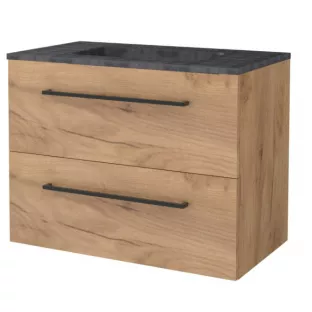 Basic line 46 bathroom furniture black handles - 80 cm - Warm oak - natural stone washbasin without tap hole - without mirror