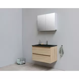 Sanilet bathroom furniture 80 cm wide - oak - flatpack - with mirror cabinet - black acrylic washbasin - 1 tap hole