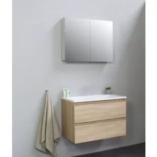 Sanilet bathroom furniture 80 cm wide - oak - flatpack - with mirror cabinet - washbasin white acrylic - 0 tap holes