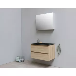 Sanilet bathroom furniture 80 cm wide - oak - flatpack - with mirror cabinet - washbasin black acrylic - 0 tap holes