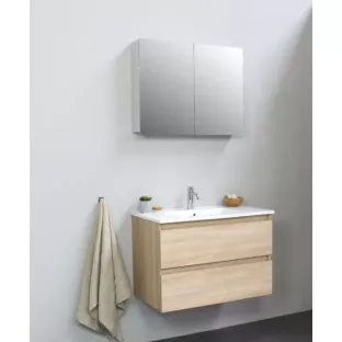 Sanilet bathroom furniture 80 cm wide - oak - flatpack - with mirror cabinet - porcelain washbasin - 1 tap hole