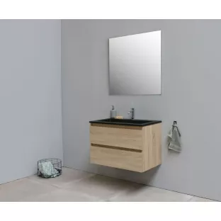 Sanilet bathroom furniture 80 cm wide - oak - construction kit - with mirror - washbasin black acrylic - 1 tap hole