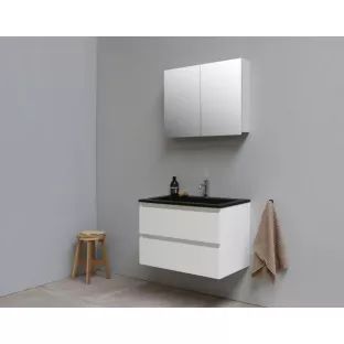 Sanilet bathroom furniture 80 cm wide - high-gloss white - flatpack - with mirror cabinet - black acrylic washbasin - 1 tap hole