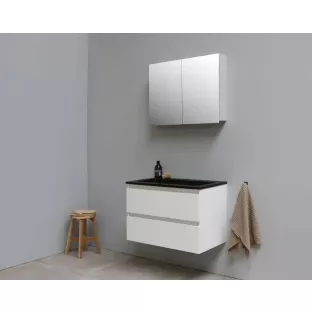 Sanilet bathroom furniture 80 cm wide - high-gloss white - flatpack - with mirror cabinet - black acrylic washbasin - 0 tap holes