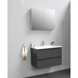 Sanilet bathroom furniture 80 cm wide - matt anthracite - flatpack - with mirror cabinet - washbasin white acrylic - 1 tap hole