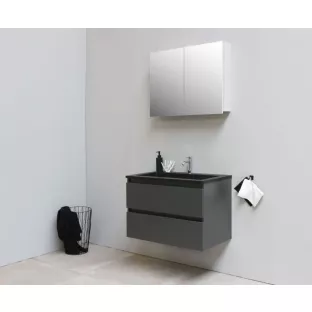 Sanilet bathroom furniture 80 cm wide - matt anthracite - flatpack - with mirror cabinet - black acrylic washbasin - 1 tap hole