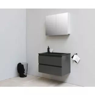 Sanilet bathroom furniture 80 cm wide - matt anthracite - flatpack - with mirror cabinet - black acrylic washbasin - 0 tap holes