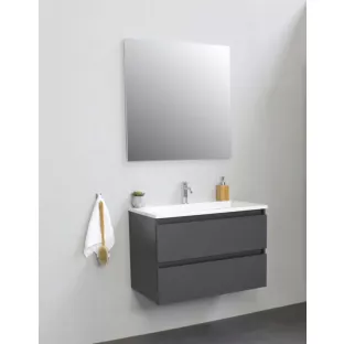 Sanilet bathroom furniture 80 cm wide - matt anthracite - assembled - with mirror - washbasin white acrylic - 1 tap hole