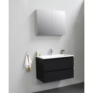 Sanilet bathroom furniture 80 cm wide - matt black - flatpack - with mirror cabinet - washbasin white acrylic - 1 tap hole