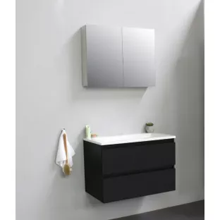 Sanilet bathroom furniture 80 cm wide - matt black - flatpack - with mirror cabinet - washbasin white acrylic - 0 tap holes