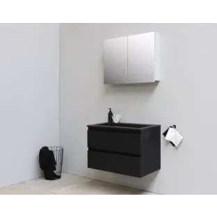 Sanilet bathroom furniture 80 cm wide - matt black - flatpack - with mirror cabinet - washbasin black acrylic - 0 tap holes